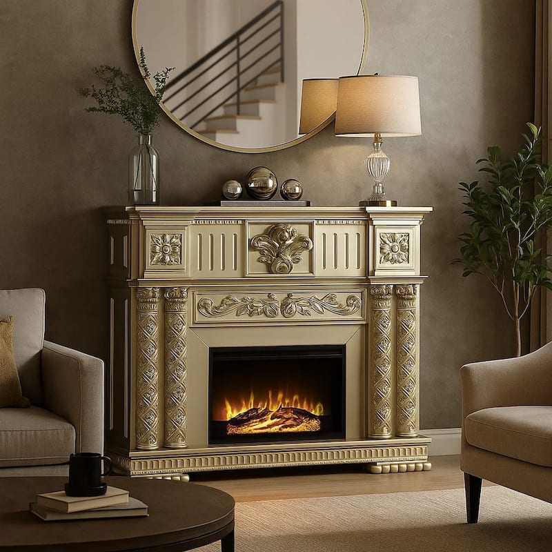 Jess 59 Inch Classical Electric Fireplace, Carved, Remote, Timer, Gold