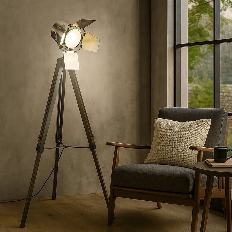 55 Inch Floor Lamp with Tripod Legs, Spotlight Design, Wood, Black Finish