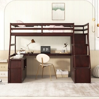 Twin Size Loft Bed with Seven Drawers, Pine Wooden Bed with 2 Shelves, Kid's Bed with Desk for Bedroom, Brown