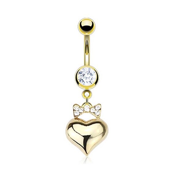 Gold Plated Stainless Steel Navel Belly Button Ring with Paved Gem Ribbon with Heart