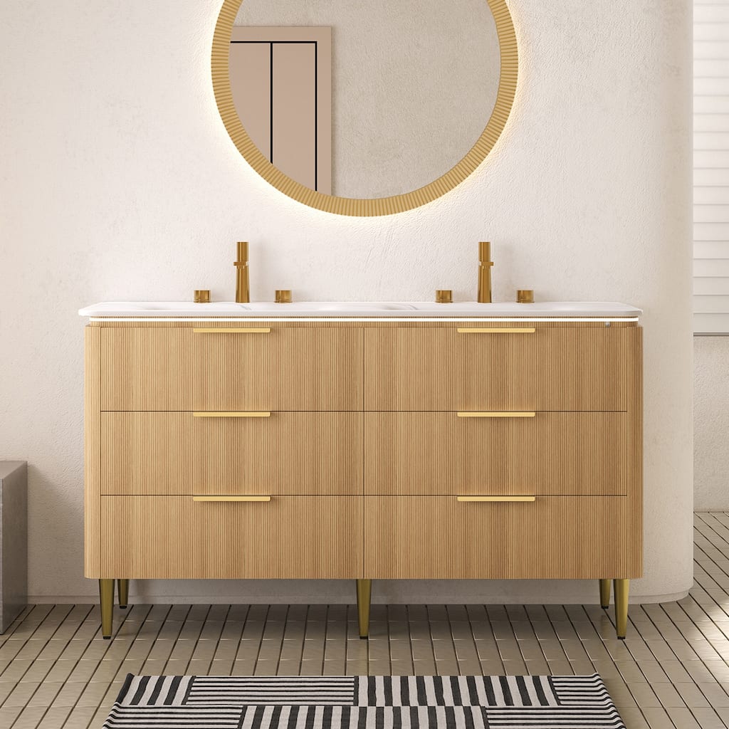 60'' Freestanding Bathroom Vanity with Double Sintered Stone Basins - 59.84'' x 20.47'' x 34.69''