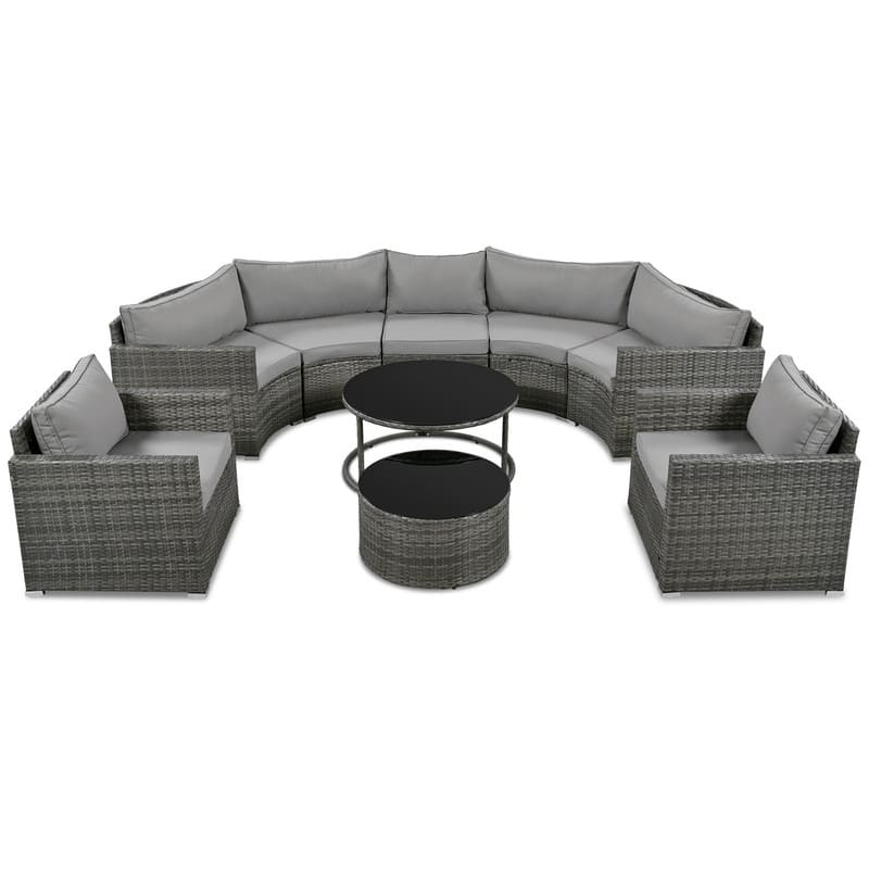 9-Piece Outdoor Half-Moon Patio Sofa Set, Wicker Sectional Sofa with Nesting Coffee Table, Rattan Conversation Set