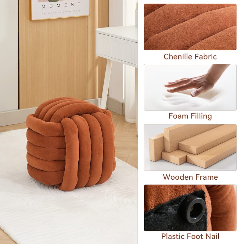 Chenille Fabric Ottoman Vanity Stool, Knot Design Ottoman Footstool, Multi-Functional Upholstered Makeup Stool