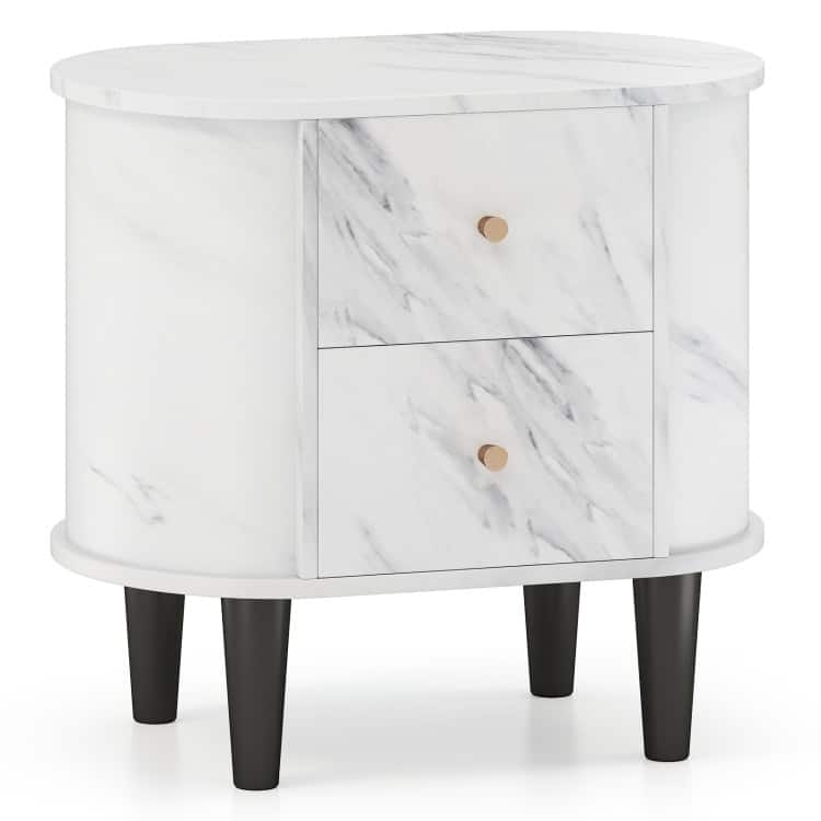 White Nightstand with 2 Drawers Faux Marble Top Oval Design and Elevated Support Legs