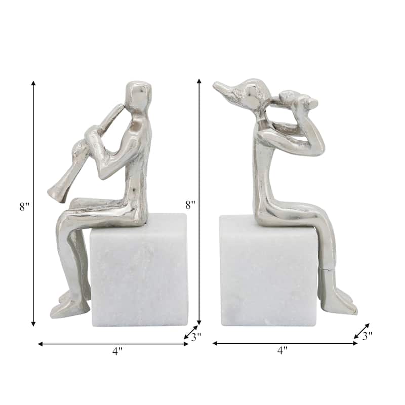 Decorative Metal Musicians on Marble Bases Bookends - 8", Silver - 8.0"