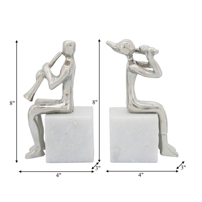 Set of 2 Metal Musician Bookends Contemporary Marble and Aluminum Silver Decorative Bookend Sculptures Music Lover