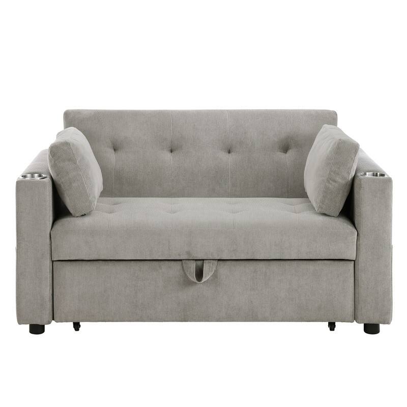 Luelle 57"W Corduroy Convertible Sleeper Loveseat with Cupholders, USB Ports, Magazine Pockets, Pillows, Tufting