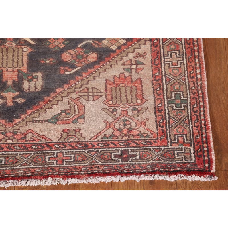 Hand Knotted Oriental 100% Wool Carpet Traditional Geometric Navy Blue & Blues Hamedan Runner Rug - 10' 7'' X 3' 6''