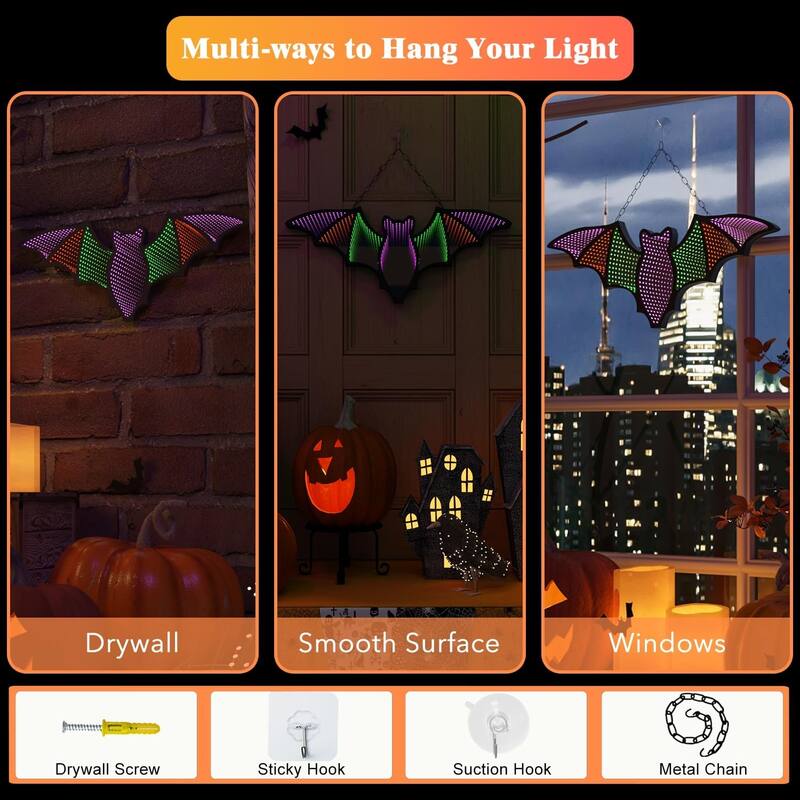 3D Bat LED Infinity Mirror, 14x10", Multicolor Halloween Motif, USB/Batt