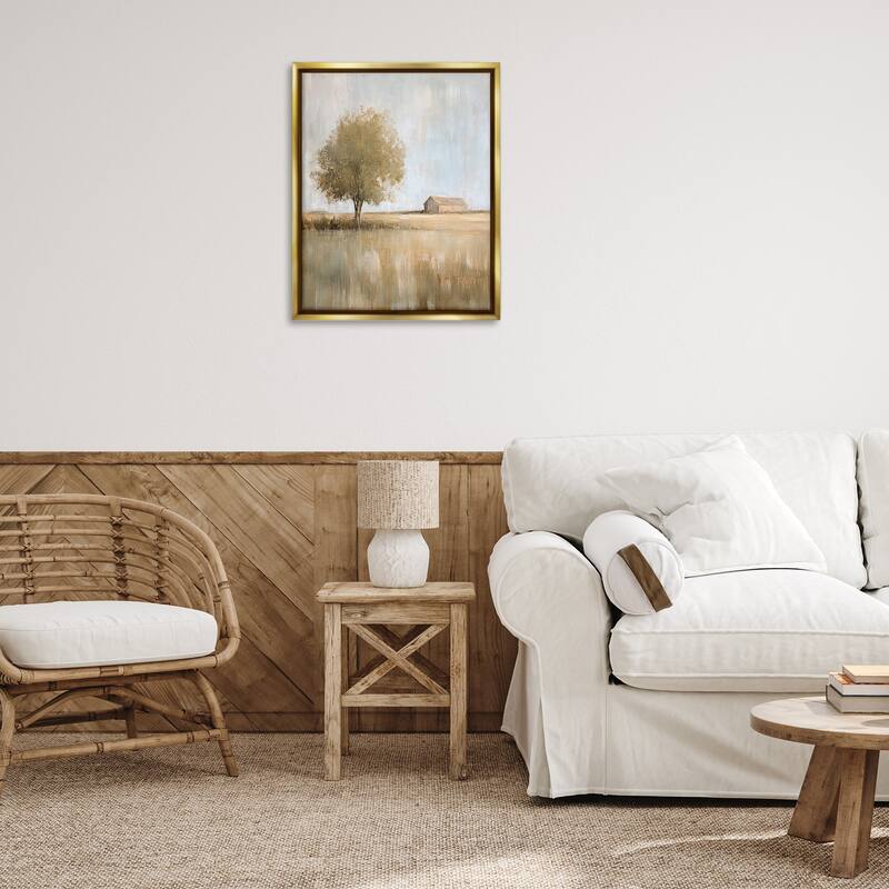 Stupell Distant Barn and Lone Tree Framed Floater Canvas Wall Art Design By Petal Prints Design