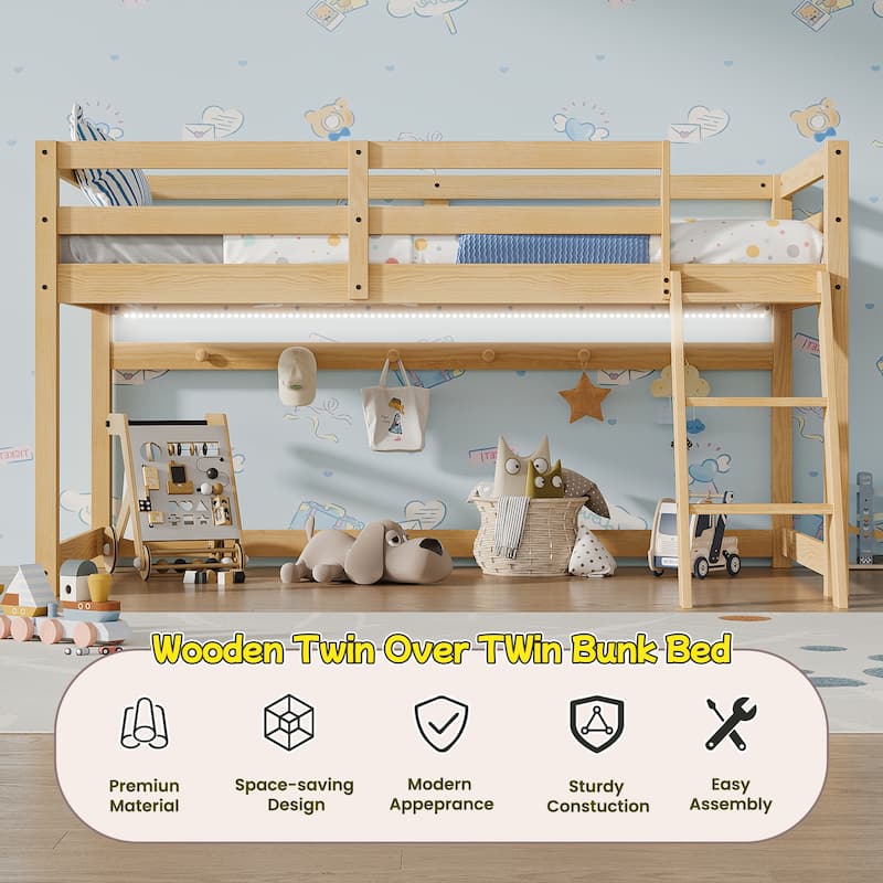 Convertible Twin Low Loft Bed with LED Lighting, Solid Wood Frame, Oak Finish