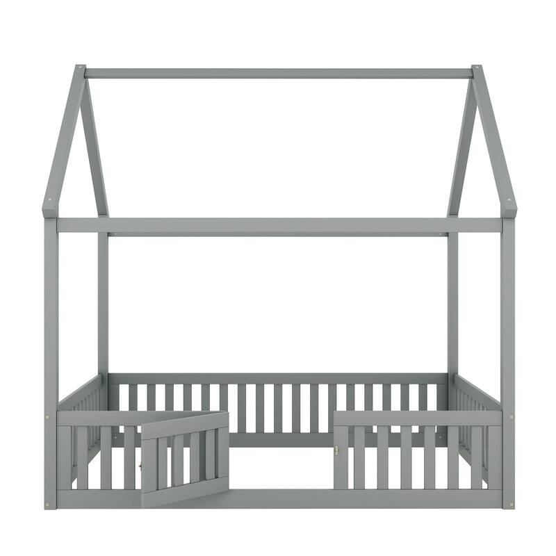 Roomfitters Full Size Wood House Bed with Fence Guardrails and Door, Distressed Gray