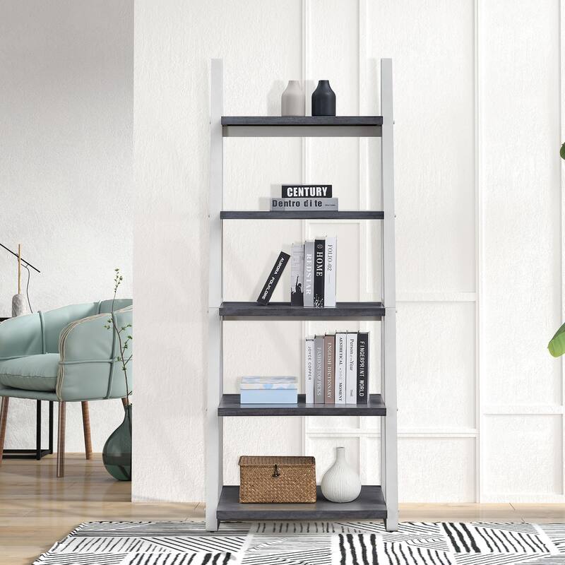 5-Tier Shelves,Bookshelf, Storage Rack, Bookcase with Rubber Wood Frame, Ladder Shelf for Living Room, Home Office