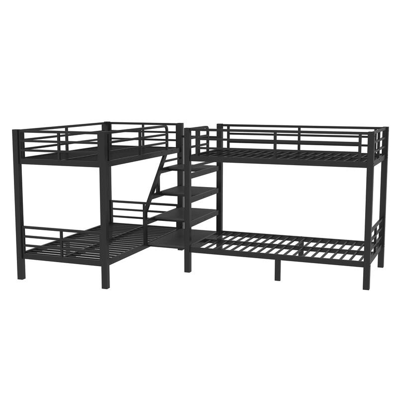 Twin L-Shaped Metal Bunk Bed with Storage Shelves and High-Quality safety Guardrail, Space-Saving