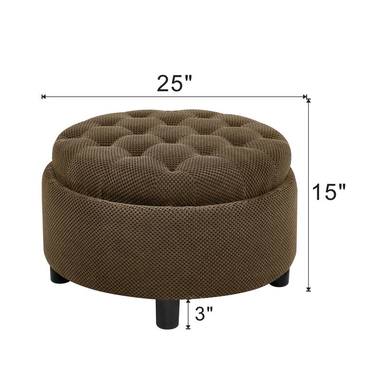 25"Round Storage Ottoman with Tray,ModernTufted Fabric Circle Coffee Table with Storage,Upholstered Ottoman with Removable Top