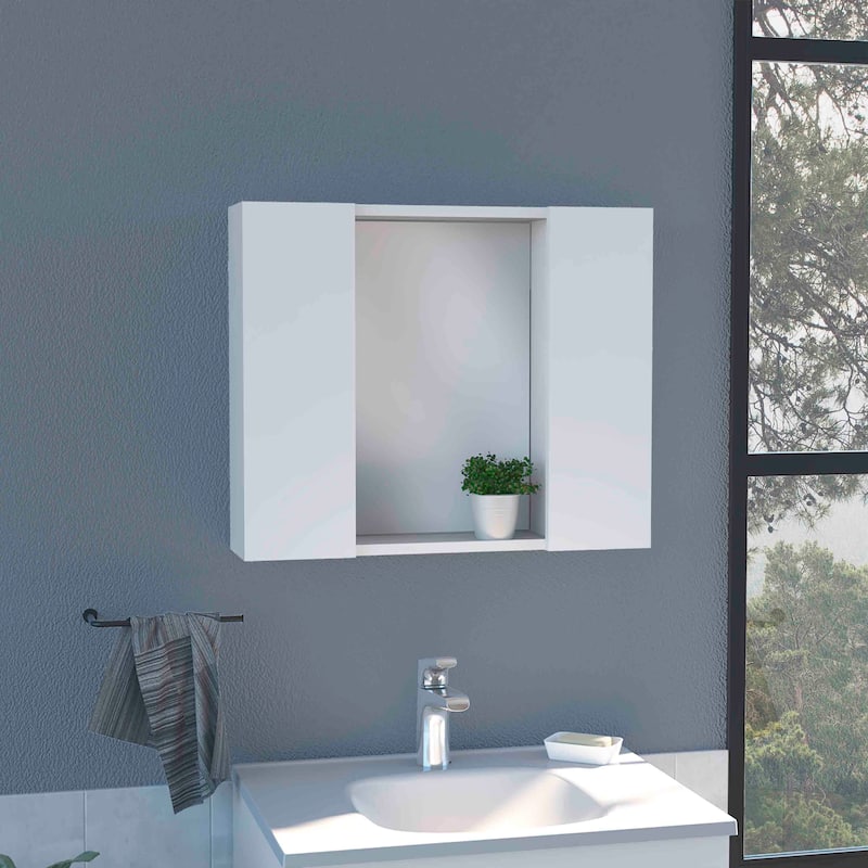 Space-Saving Medicine Cabinet with Double Doors, Mirror & External Shelf - 5.4X23.6 in - White + Particle Board