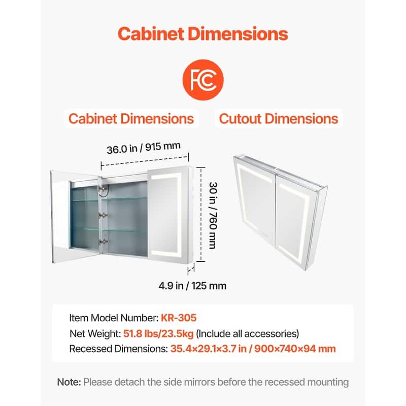 Wall or Recessed Mount LED Lights Bathroom Mirror Cabinet with Anti-Fog and Dimmer Sockets - 36” x 4.9” x 29.9”