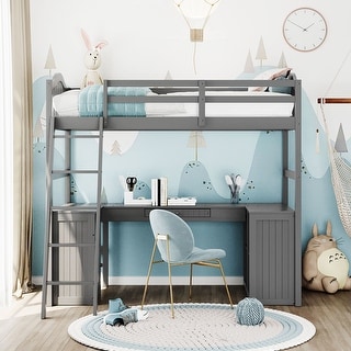 Twin Size Loft Bed with Drawers, Pine Wooden Bed with Cabinet, Platform Bed with Shelves, Kid's Bed with Desk, Gray