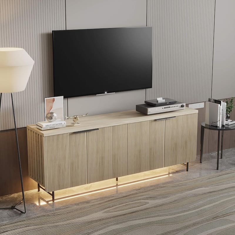 WESOME 68" Mid-century TV Stand Entertainment Center with Adjustable Shelves 4 Doors & LED Light