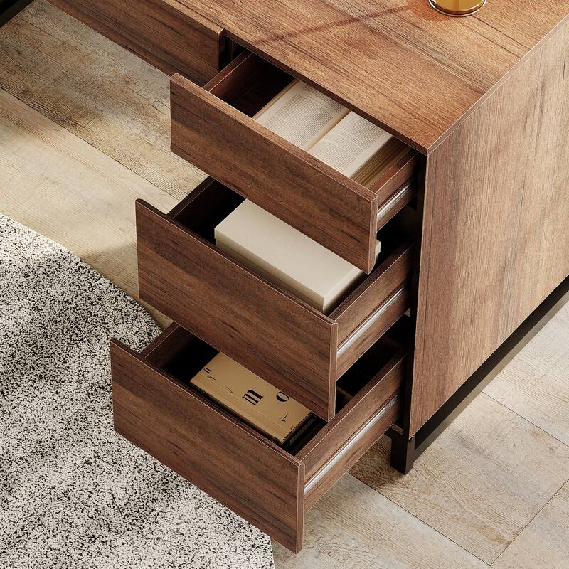 59In Modern Executive Desk With Charging Station & Drawers And 2 PCS 72In Tall BookcasesFor Living Room, Bedroom