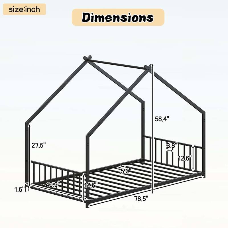 Platform Bed with LED light strips,roof-shaped iron frame,and low profile design for safety and style