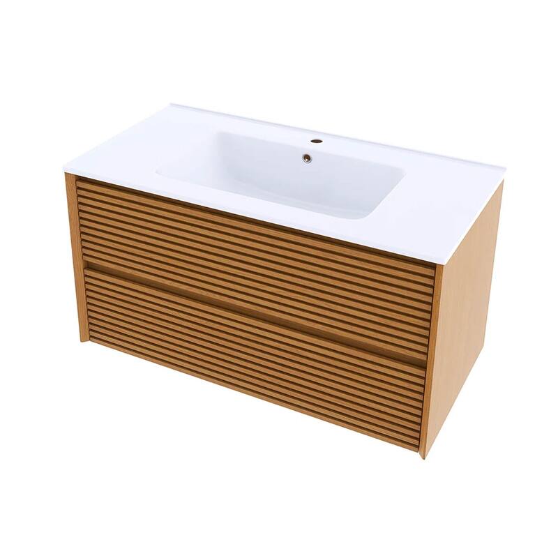Wall-Mounted Bathroom Vanity with White Ceramic Sink