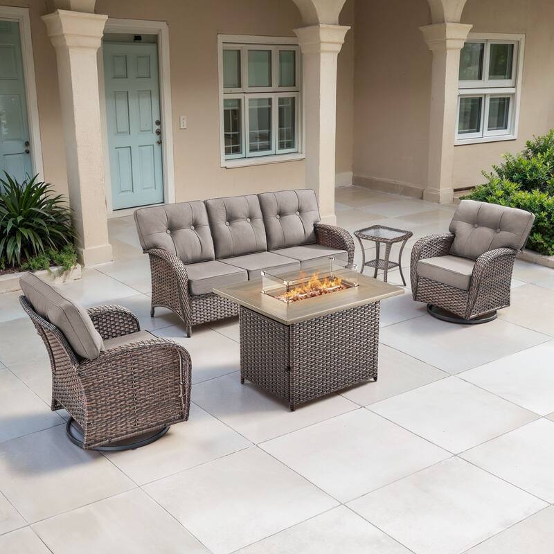 TWrap Wicker Patio Fire Pit Conversation Set with 3-Seat Sofa & Swivel Gliders