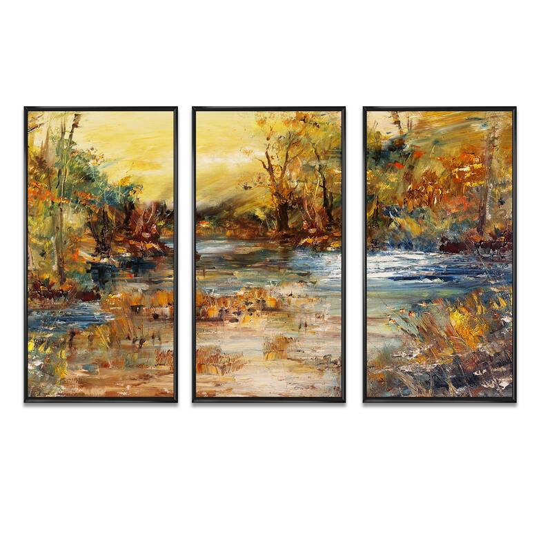 Designart "River in Forest Oil Painting" Landscape Framed Art Prints