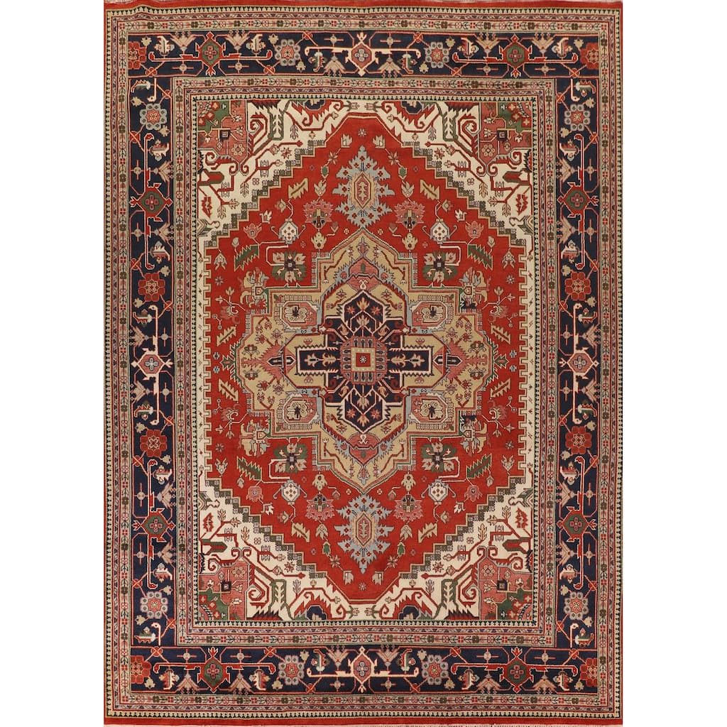 Orange Geometric Heriz Serapi Indian Large Rug Handmade Wool Carpet - 11'11" X 14'10"