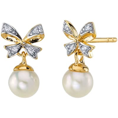 14k Yellow Gold Freshwater Pearl Bow Design Drop Earrings