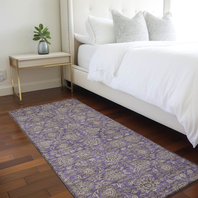 Machine Washable Indoor/ Outdoor Chantille Traditional Floral Rug - Purple - 2'3" x 7'6"
