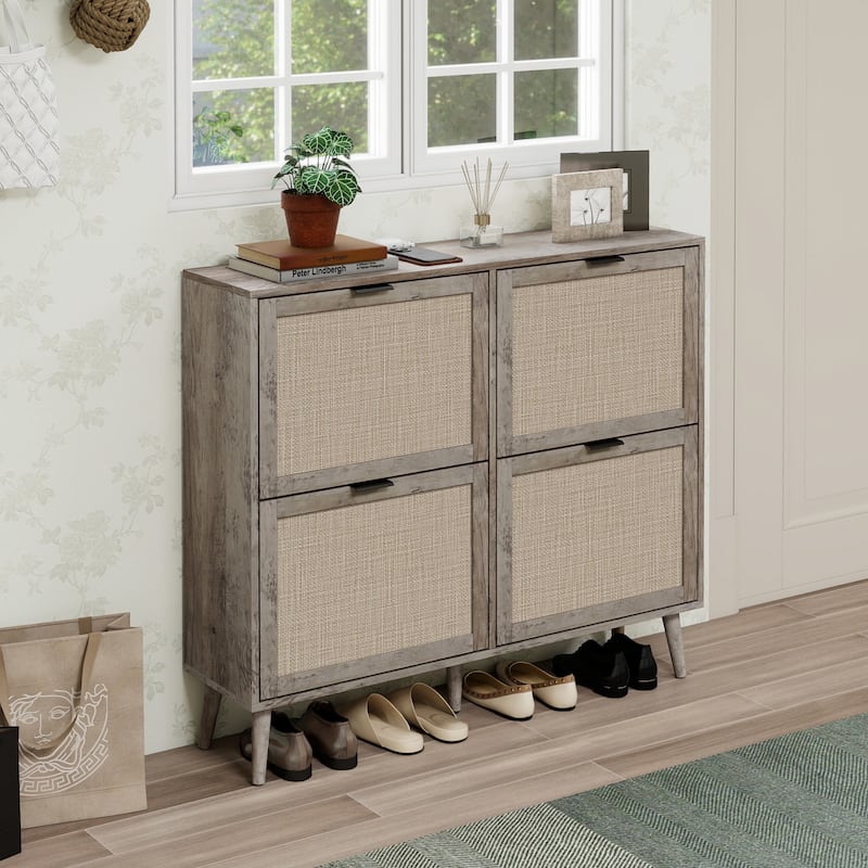 GDFStudio - Modern Engineered Rattan Shoe Storage Cabinet with 4 Doors
