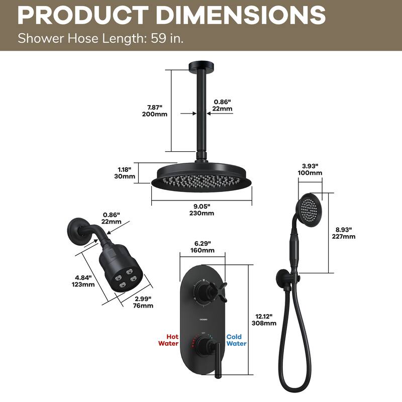 Thermostatic Shower System with 9 in. Rain Shower Head, 4 in. Wall Mount Shower and Handheld Shower, 3-Spray Shower Faucet Set