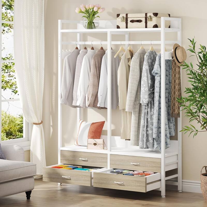 Freestanding Open Wardrobe Closet, Heavy Duty Garment Rack Closet Organizer, Rustic Brown