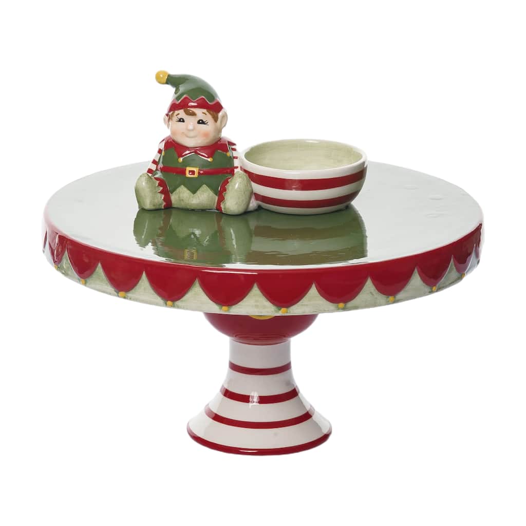 Transpac 12.25 in. Holiday Santas Elf Pedestal with Dip Bowl Set of 2