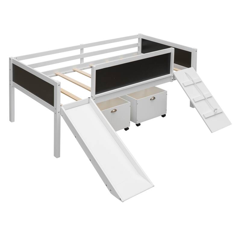 Twin Size Loft Bed with Two Storage Boxes and Climbing Frame - White