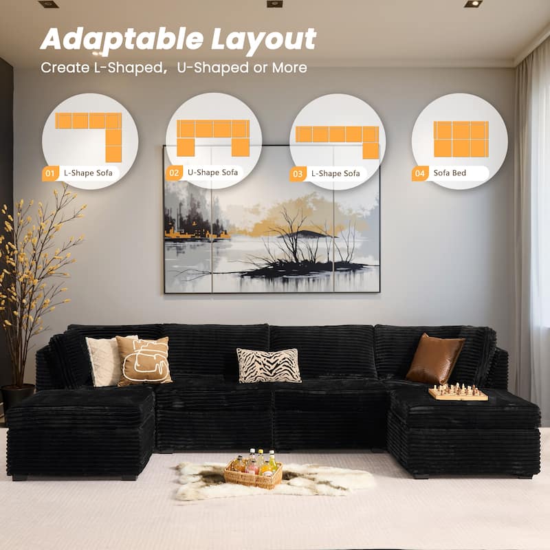 HOOOWOOO Modular U-shaped Corduroy Fabric Sectional Sofa Couch with Ottoman