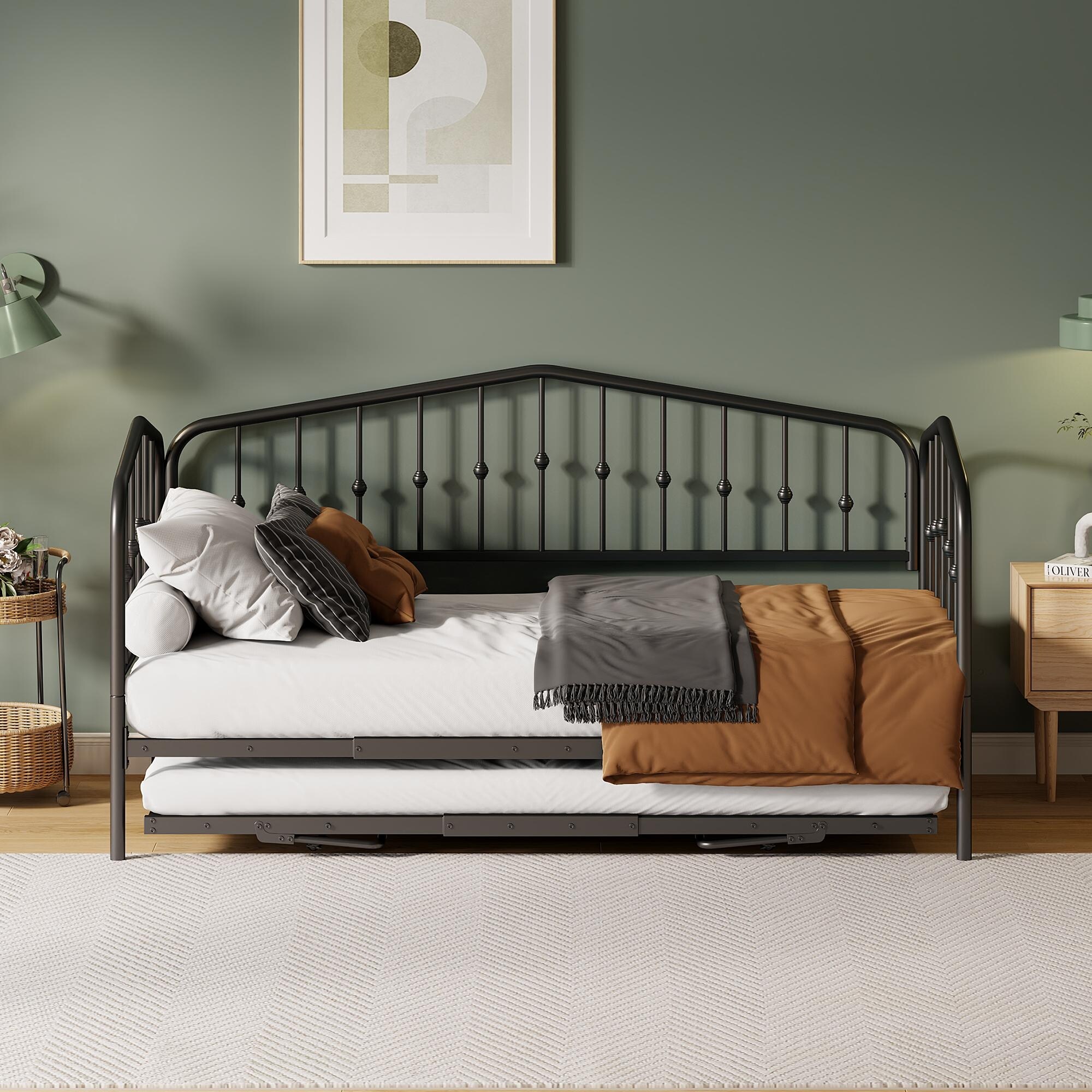 Twin Metal Daybed Frame w Adjustable Trundle Platform Bed w