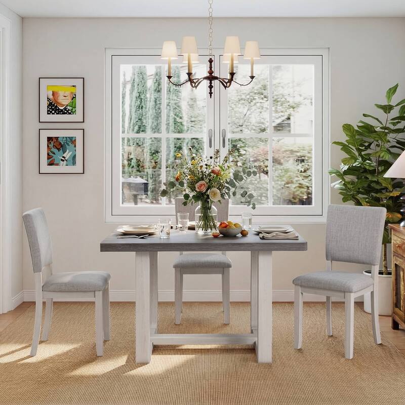 Rossetta 5-Piece Wood Transitional Farmhouse Style Dining Table Set with U-Shaped Trestle Base Table, 4 Upholstered Side Chairs - Gray