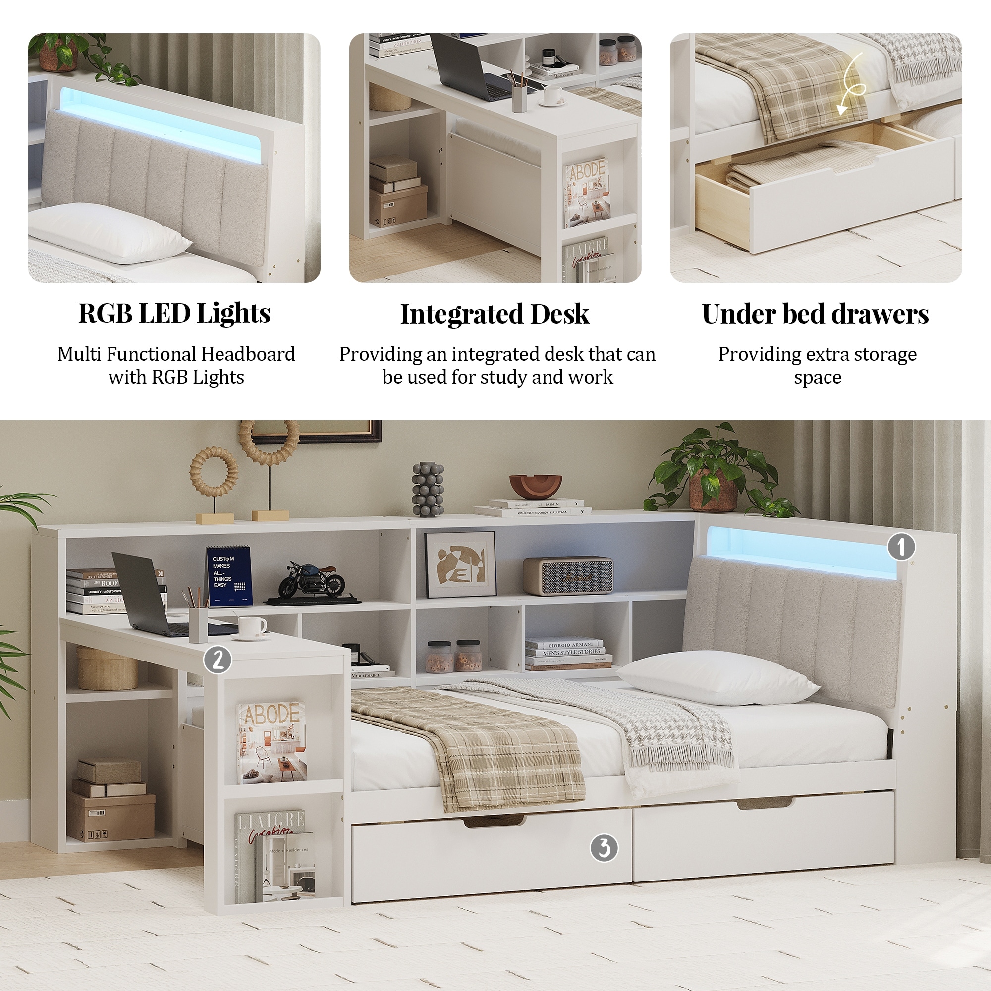 L-shaped Wooden Daybed with Desk and Bookcase, Corner Captains Bed with Upholstered Headboard, Underbed Drawers, LED Light