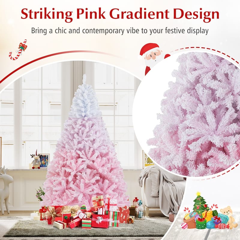 Gymax Artificial Christmas Tree Hinged Snow Flocked Xmas Tree w/ Lush - Pink, White