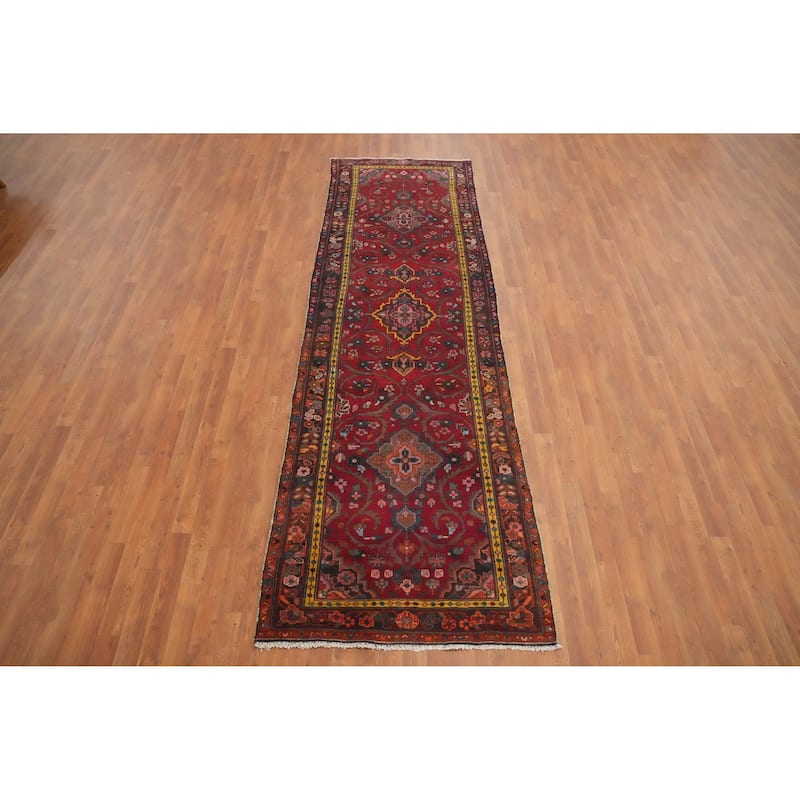 Hand Knotted Oriental 100% Wool Carpet Traditional Floral Red Tabriz Runner Rug - 10' 11'' X 3' 4''