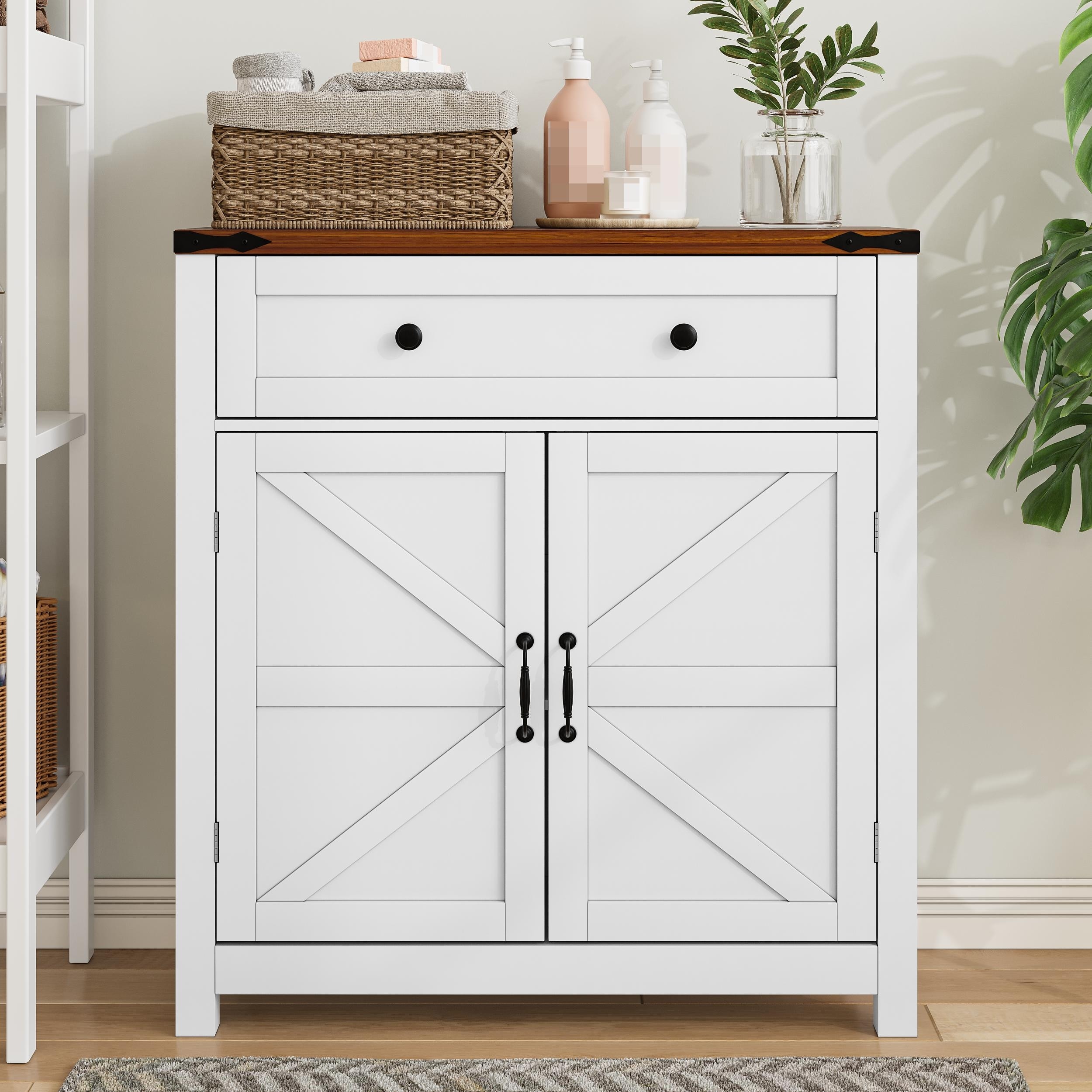 Farmhouse Storage Cabinet with Metal Handle, Walnut Countertop & Adjustable Shelf by GDFStudio
