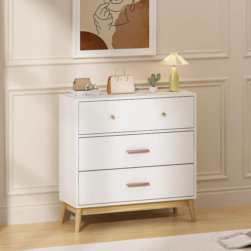 Anmytek 3 Drawer Dresser with Gold Handles Mid Century Modern White Finish Wood Legs Anti Tip for Bedroom Nursery