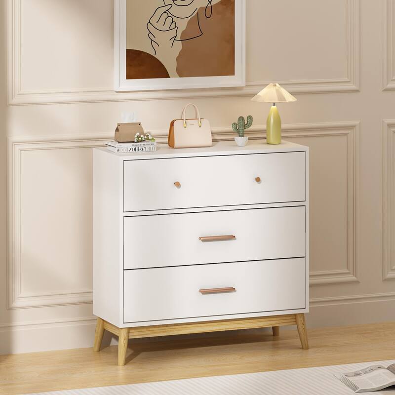 Nordic Style 3-Drawer Storage Cabinet, Modern White Chest of Drawers with Rose Gold Handles & Solid Wood Base