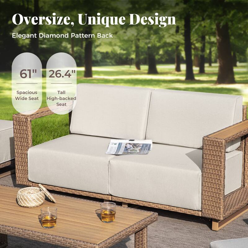 MAISON ARTS 6-Piece Modular Arc Rattan Sofa Set - Wide Armrests & Thick Cushions | Durable PE Wicker & Wood-Plastic.