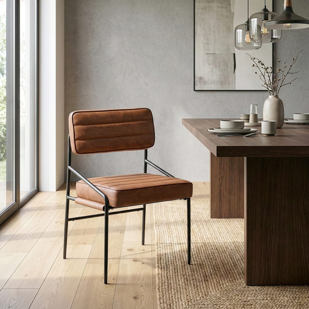 Becker Brown Faux Leather Dining Chair with Black Iron Legs