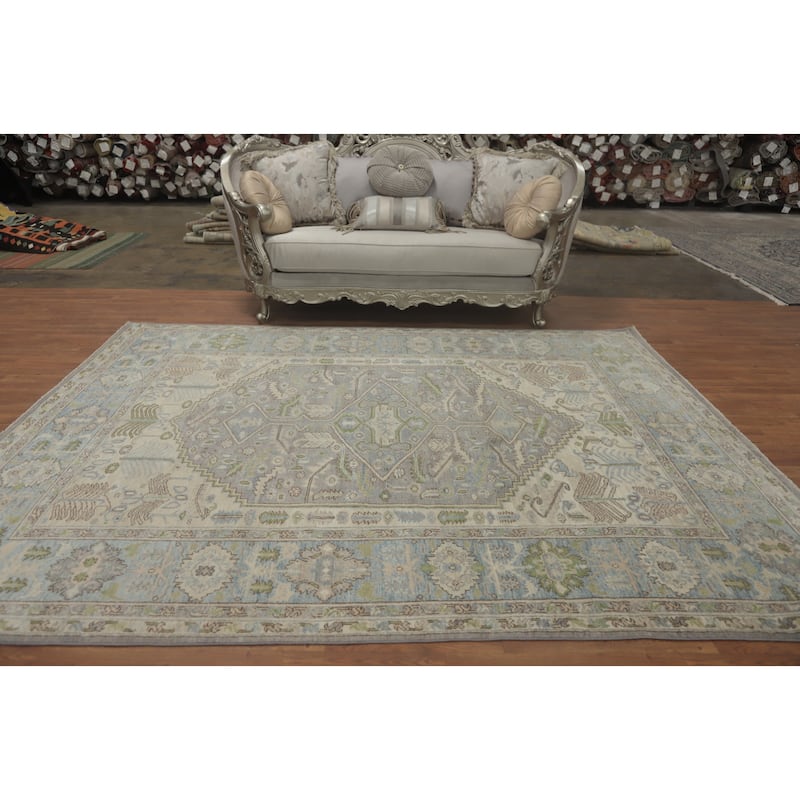 Handmade Wool Oushak Turkish Area Rug, Floral Geometric Carpet - 10' 0'' X 7' 10''