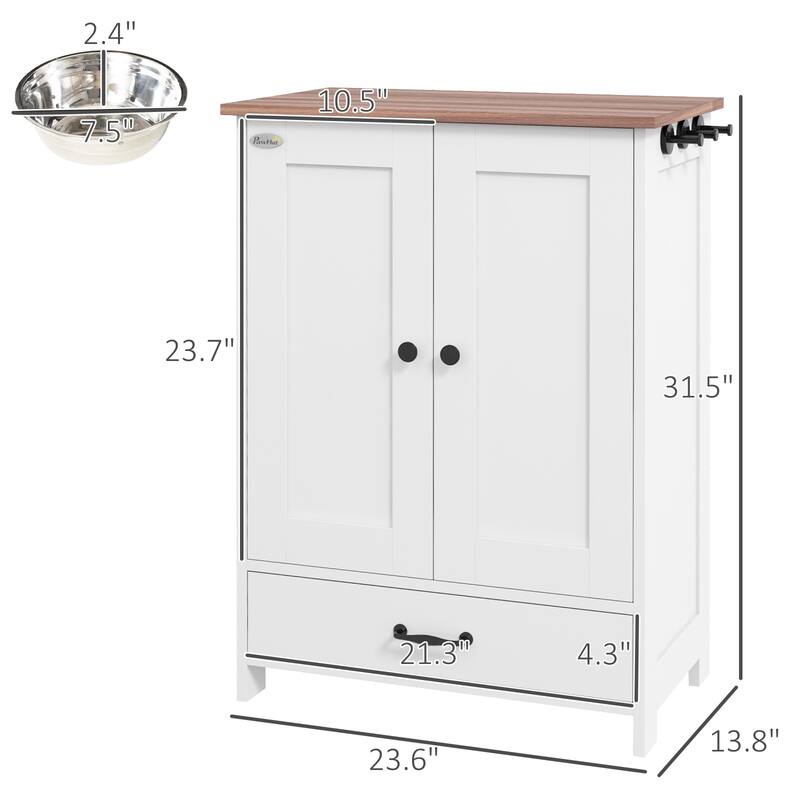 Dog Feeding Station, Dog Food Storage Cabinet with Hidden Dog Bowls, Adjustable Panel, Hooks for Medium Sized Dogs, White