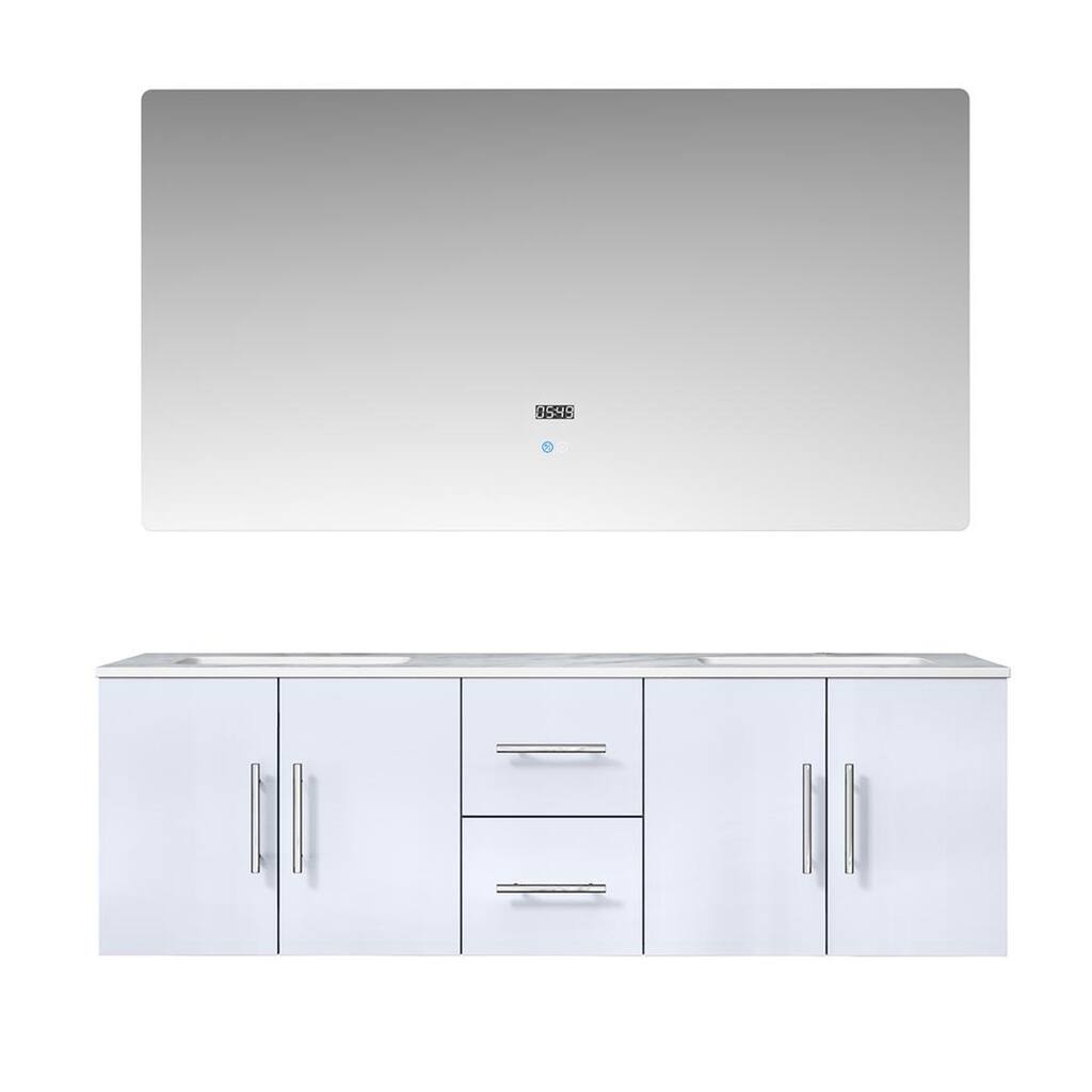 Geneva 60 in. W x 22 in. D Glossy White Double Bath Vanity, Carrara Marble Top, and 60 in. LED Mirror